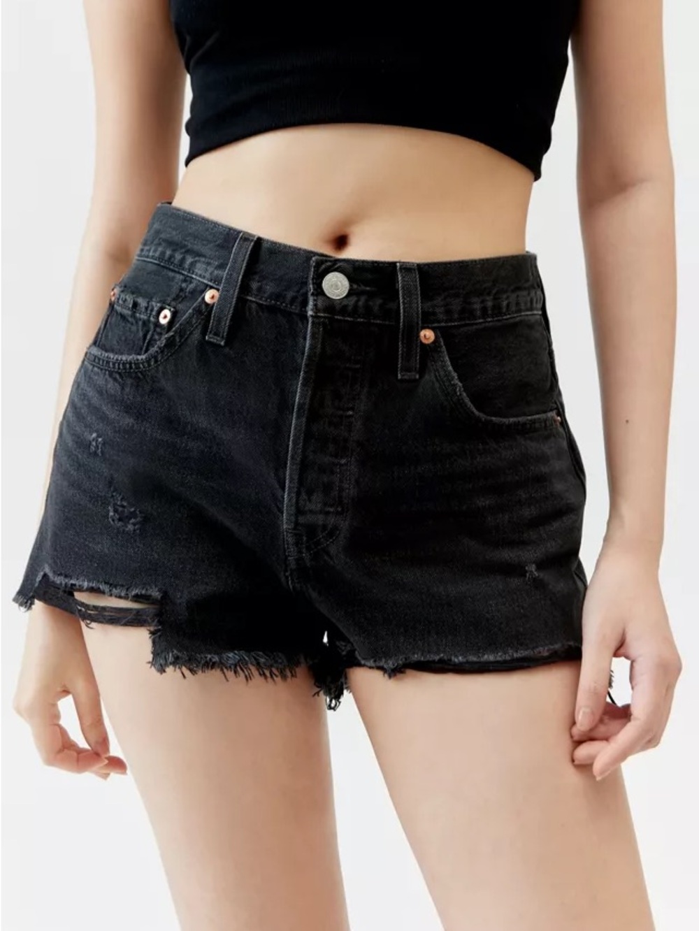 LEVI’S 501 Black Distressed Denim Shorts